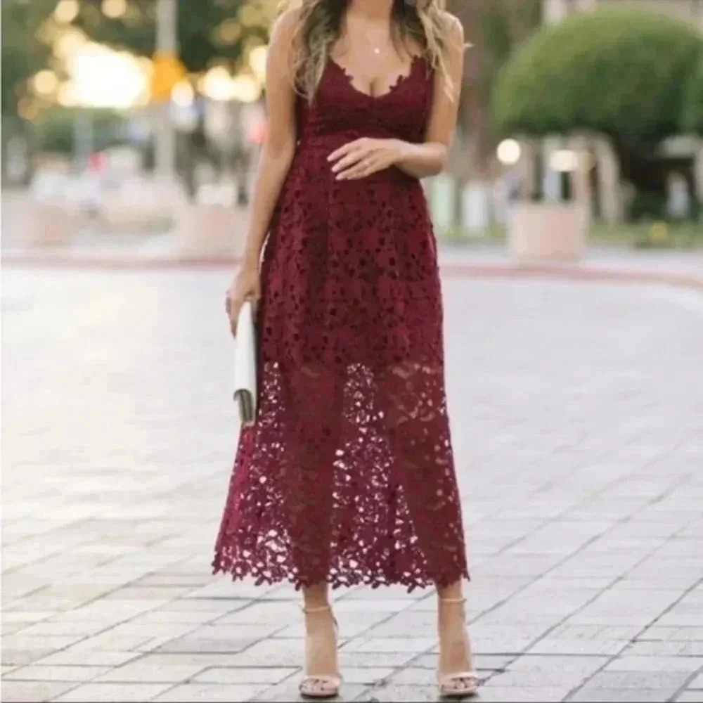 ASTR The Label Midi Dress Small Wine Red Lace A- Line Cocktail